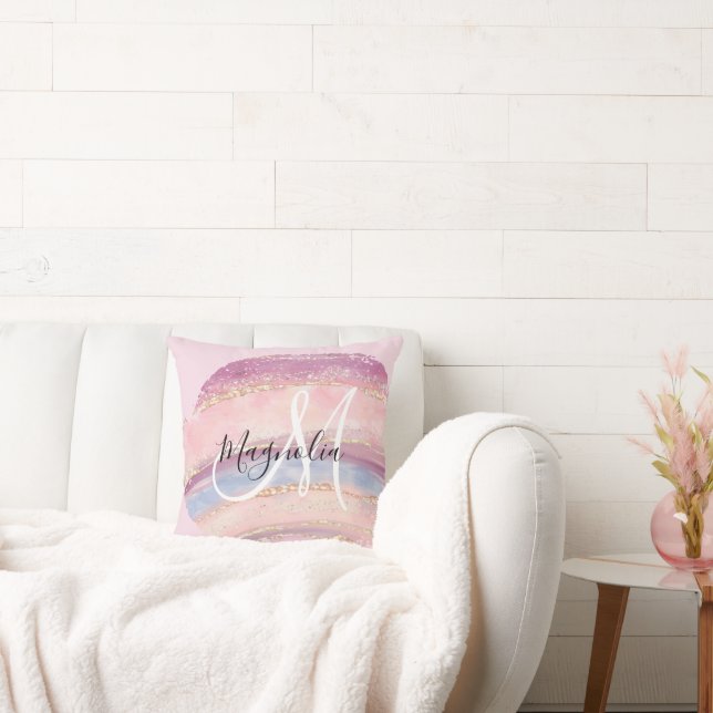 Glam Gold Pink Blue Gemstone Brush Stroke Monogram Cushion (Couch)