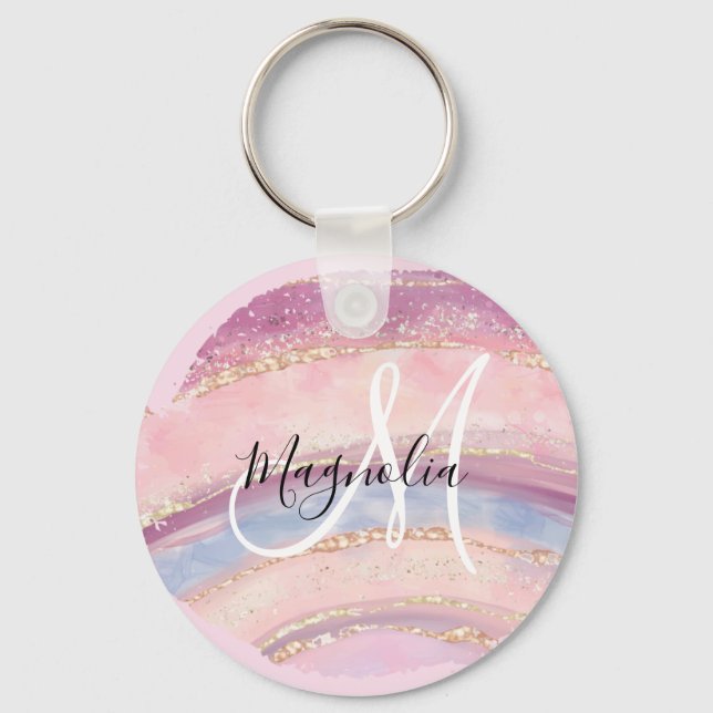 Glam Gold Pink Blue Gemstone Brush Stroke Monogram Key Ring (Front)