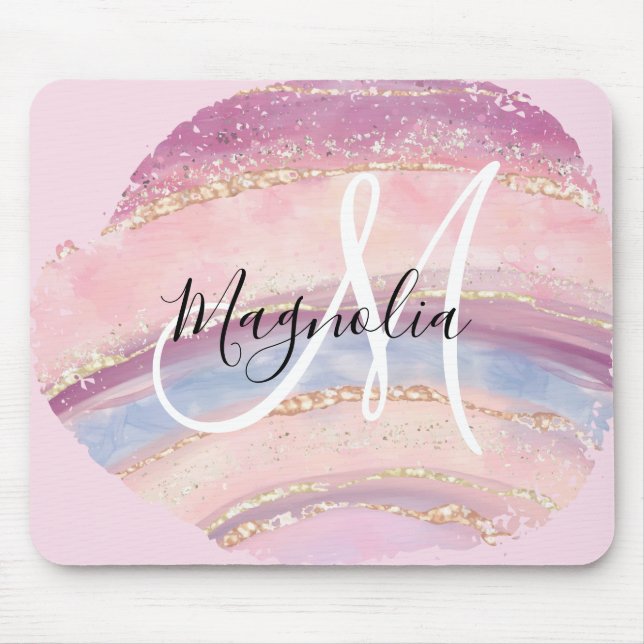 Glam Gold Pink Blue Gemstone Brush Stroke Monogram Mouse Mat (Front)