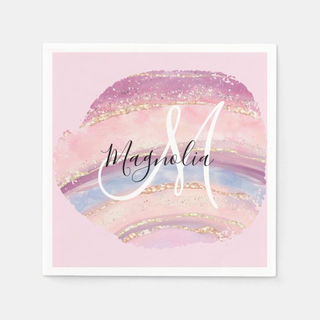 Glam Gold Pink Blue Gemstone Brush Stroke Monogram Napkin (Front)