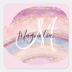 Glam Gold Pink Blue Gemstone Brush Stroke Monogram Square Sticker