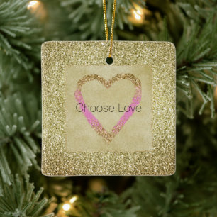 Glam Gold Pink Glitter Heart Ceramic Ornament