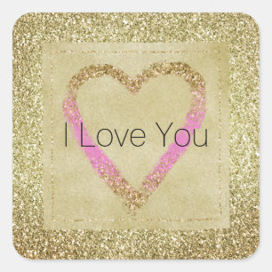 Glam Gold Pink Glitter Heart Square Sticker