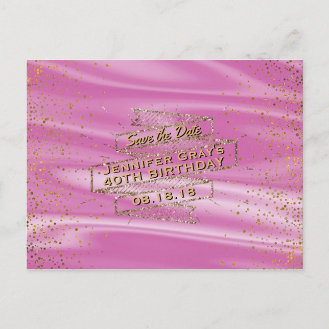 Glam Gold Pink Save the Date Womans Birthday Party Announcement Postcard (Front)