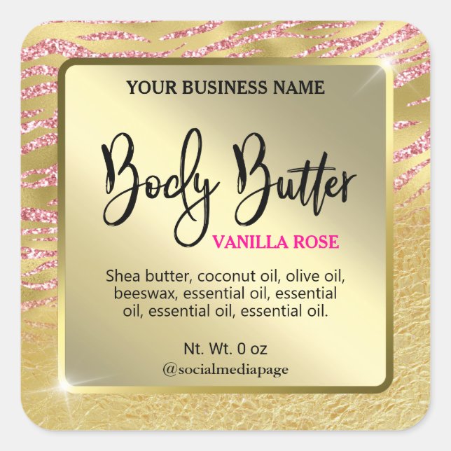 Glam Gold Pink Zebra Print Body Butter Labels (Front)