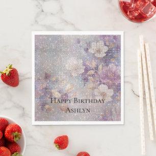 Glam Gold Purple Floral Sparkle Birthday Napkin