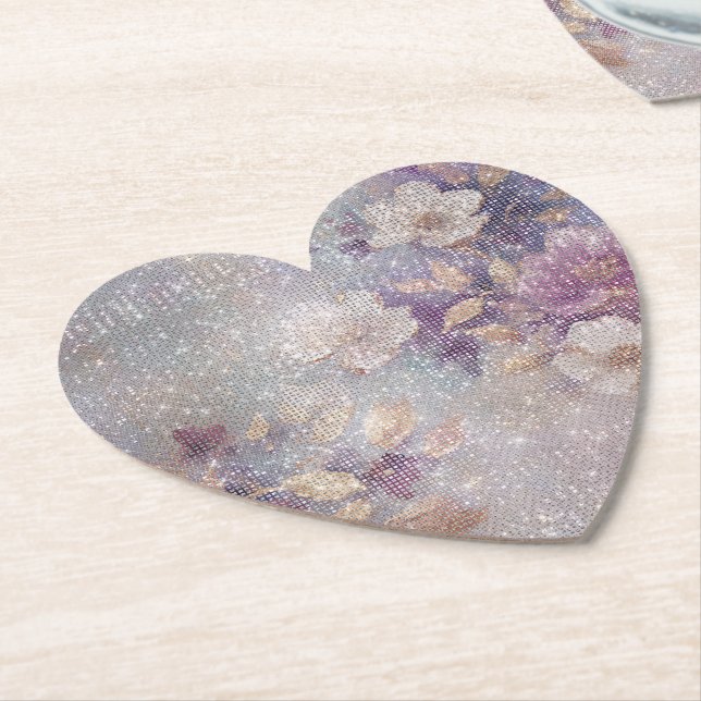 Glam Gold Purple Floral Sparkle Birthday Paper Coaster (Angled)