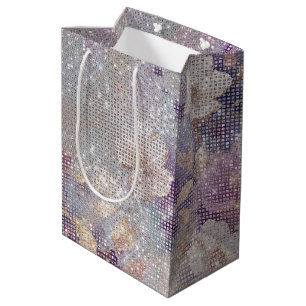 Glam Gold Purple Floral Sparkle   Medium Gift Bag