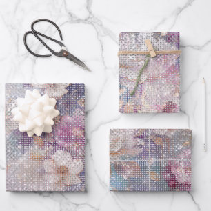 Glam Gold Purple Floral Sparkle Wrapping Paper Sheet