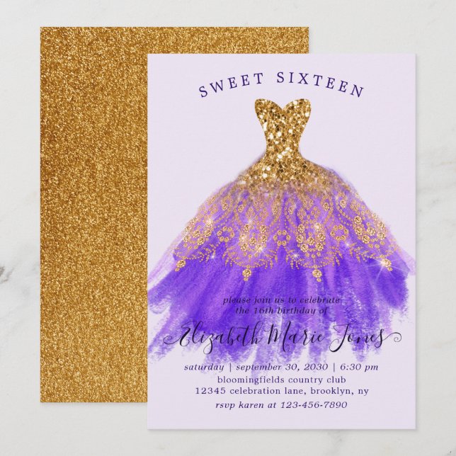 Glam Gold Purple Sparkle Dress Sweet 16th Birthday Invitation (Front/Back)