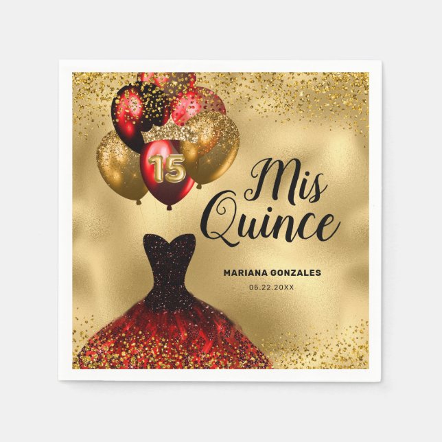Glam Gold Red Glitter Quinceanera Mis Quince Napkin (Front)