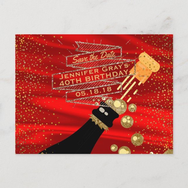 Glam Gold Red Save the Date Champagne Birthday Announcement Postcard (Front)