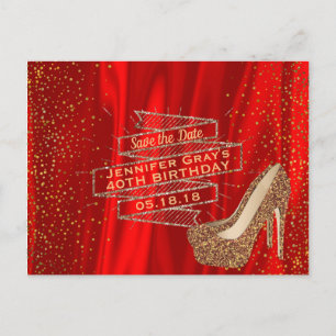 Glam Gold Red Save the Date Elegant Birthday Party Announcement Postcard
