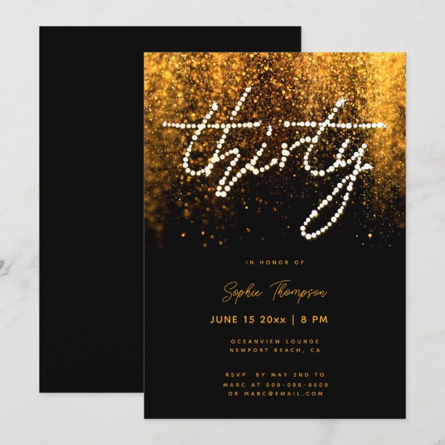 Glam Gold Rhinestones Calligraphy 30th Birthday Invitation (Front/Back)