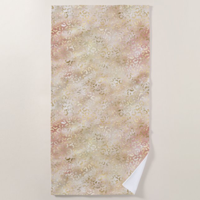 Glam Gold Rose Blush Pink Leopard Print Beach Towel (Front)