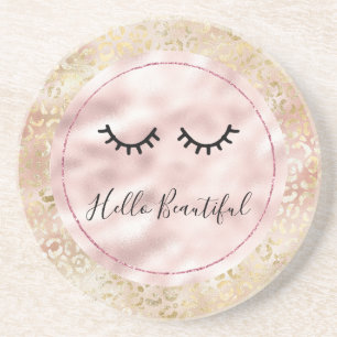 Glam Gold Rose Blush Pink Leopard Print Eyelashes Coaster