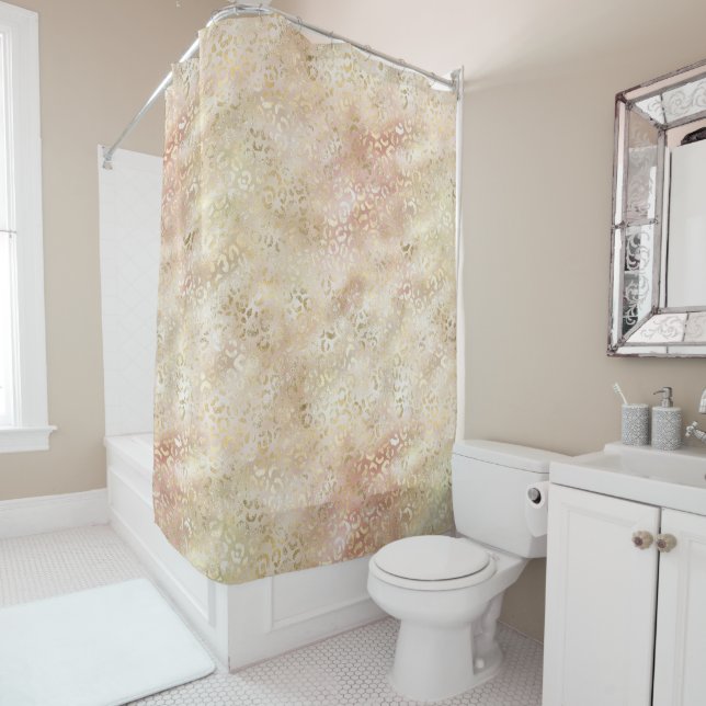 Glam Gold Rose Blush Pink Leopard Print Shower Curtain (In Situ)