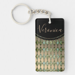 Glam Gold sage Harlequin Personalised  Key Ring