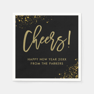 Glam Gold Script on Black   Cheers New Years Napkin