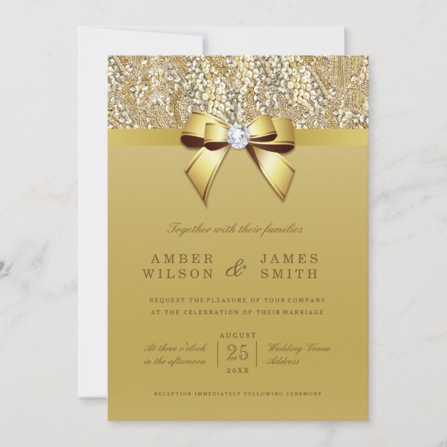 Glam Gold Sequins and Bow Wedding Invitation (Front)