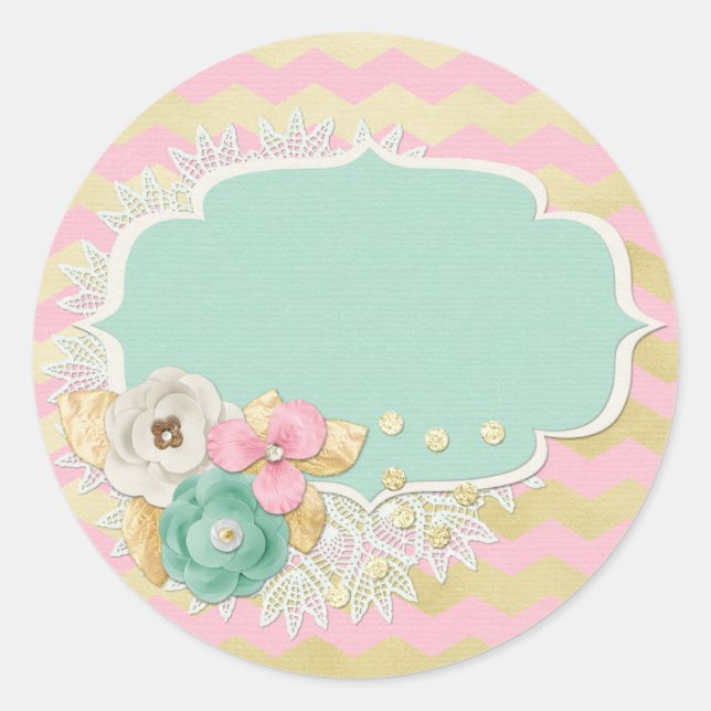 Glam Gold & Shabby Chic Pink Flowers Doily Craft Classic Round Sticker (Front)