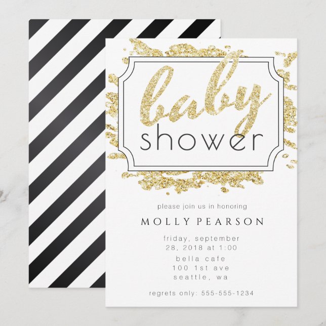 Glam Gold Sparkle Black and White Baby Shower Invitation (Front/Back)