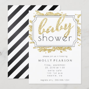 Glam Gold Sparkle Black and White Baby Shower Invitation