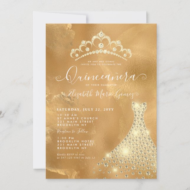Glam Gold Sparkle Diamond Tiara Dress Quinceanera Invitation (Front)