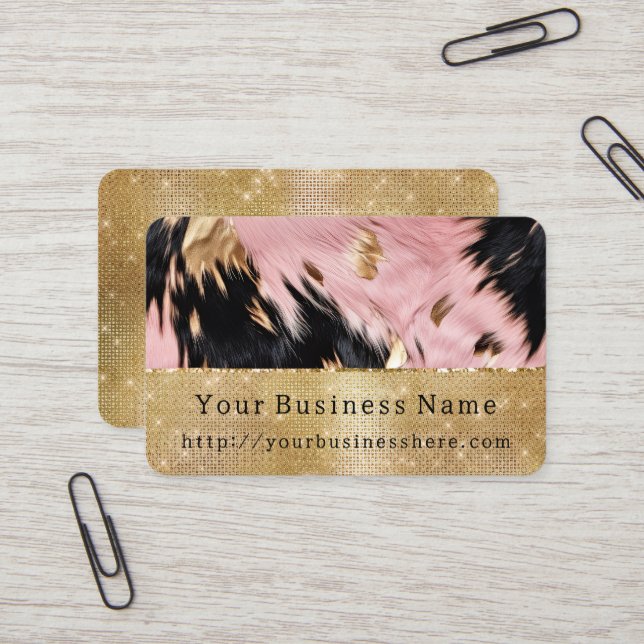 Glam Gold Sparkle Pink Black Cowhide Business Card (Front/Back In Situ)