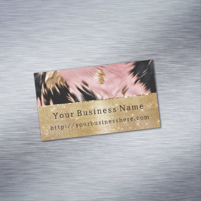 Glam Gold Sparkle Pink Black Cowhide Magnetic Business Card (In Situ)