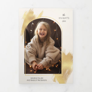 Glam Gold Swashes & Arch Photo Tri-Fold Holiday Card