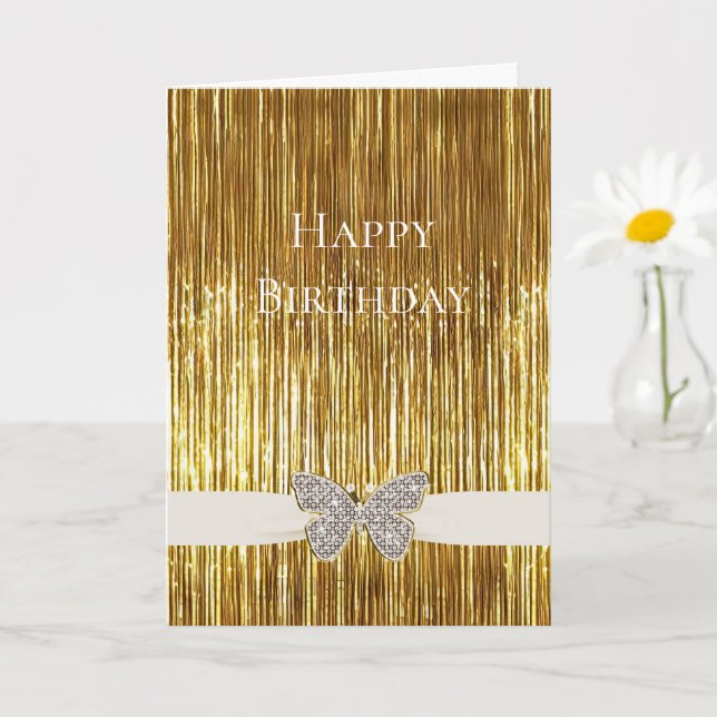 Glam Gold Tinsel Jewelled Butterfly Card (Small Plant)