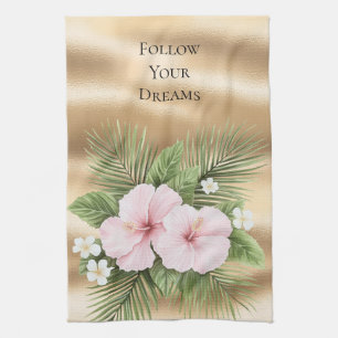 Glam Gold Tropical Blue Pink Hibiscus Floral   Tea Towel