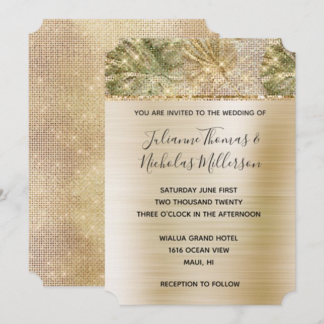 Glam Gold Tropical Leaves Sparkle Wedding  Invitation (Front/Back)