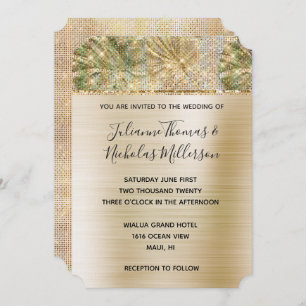 Glam Gold Tropical Leaves Sparkle Wedding  Invitation
