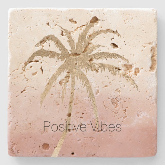  Glam Gold Tropical Palm Pink ombre  Stone Coaster (Front)