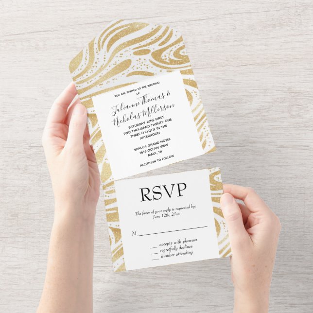 Glam Gold White Abstract Swirls Wedding All In One Invitation (Tearaway)