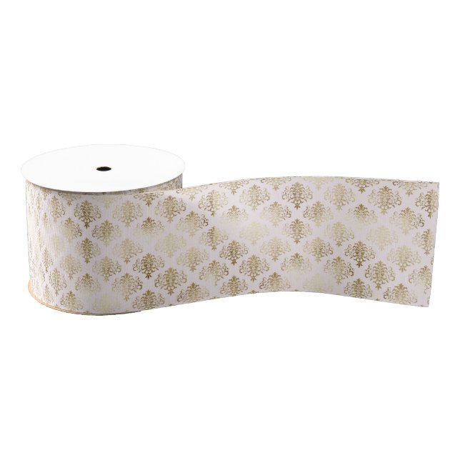 Glam Gold White Damask Grosgrain Ribbon (Spool)
