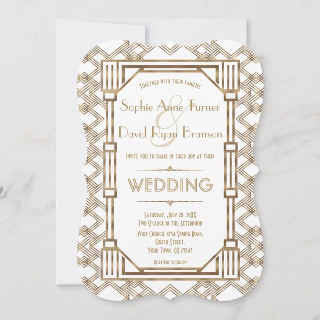 Glam Gold White Great Gatsby 1920s Wedding Invitation (Front)