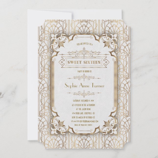 Glam Gold White Great Gatsby 20s Sweet Sixteen Invitation (Front)