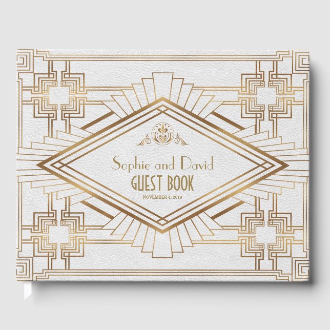 Glam Gold White Great Gatsby Wedding Guest Book (Front)