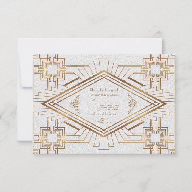 Glam Gold White Great Gatsby Wedding RSVP Card (Front)