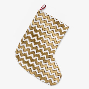 Glam Gold White Zigzag Stripes Large Christmas Stocking