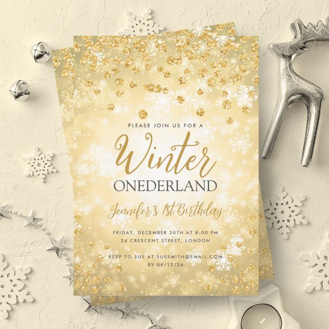 Glam Gold Winter ONEDERLAND 1st Birthday Invitation (Glam Gold Winter ONEDERLAND 1st Birthday Invitation)