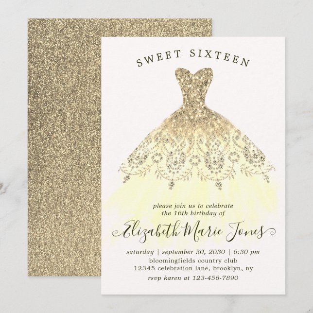 Glam Gold Yellow Sparkle Dress Sweet 16th Birthday Invitation (Front/Back)