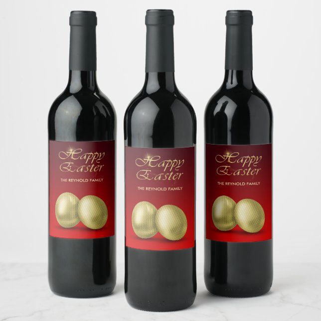 Glam Golden Easter Eggs on Lush Red Wine Label (Bottles)