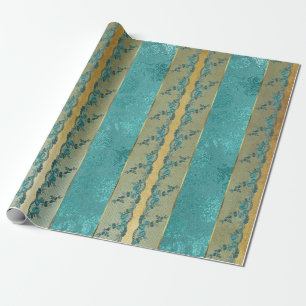 Glam Golden Foil Floral Aquamarine Lace Wrapping Paper