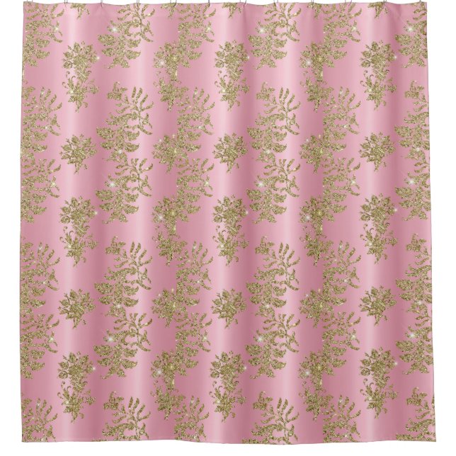 Glam Golden Glitter Foliage Pink Luxury Shower Cur Shower Curtain (Front)