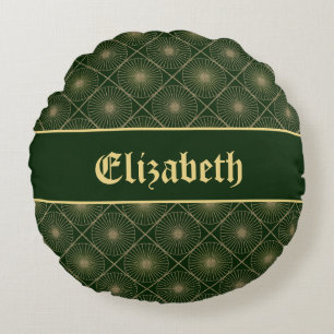 Glam Golden Personalized Art Deco Green & Gold  Round Cushion