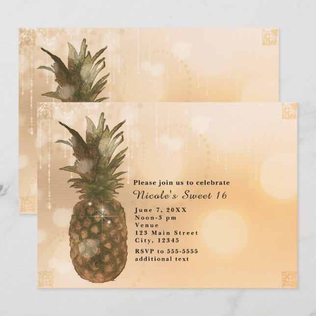 Glam Golden Pineapple Elegant Tropical Invitations (Front/Back)